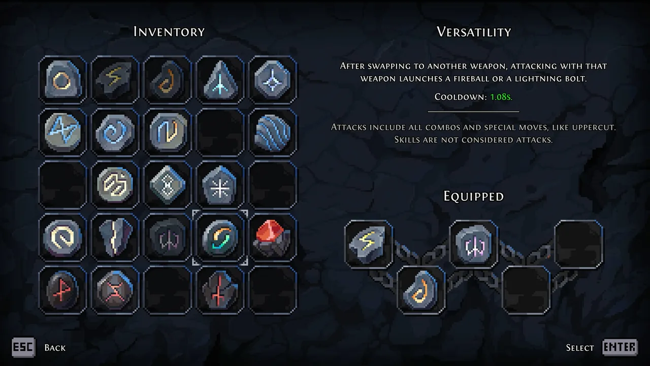 Divinum inventory screen with collected options and an equipped build